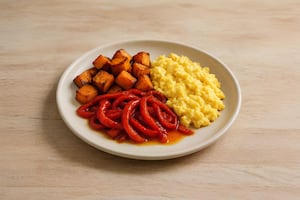 Huevos revueltos con morrón y batatas asadas