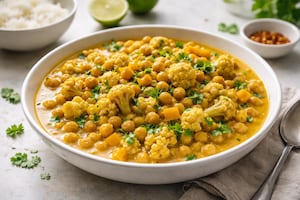 Curry de garbanzos, choclo, coliflor, cebolla y morrón amarillo