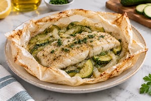 Pescado al papillote con zucchini y cebolla