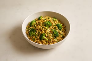 Ensalada tibia de arroz integral, brócoli y almendras