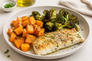 Merluza con calabaza y brócoli asados