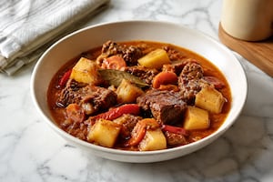 Tapa de asado al vino tinto con papas y zanahorias