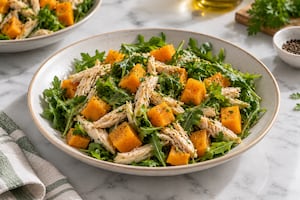 Ensalada tibia de pollo, calabaza y rúcula