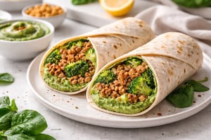 Wrap de soja texturizada y brócoli con hummus de espinaca