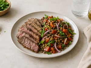 Bife de cuadril con ensalada tibia de lentejas y tomate