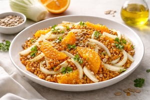 Ensalada hidratante de lentejas, hinojo y naranjas