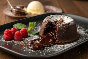Volcán de chocolate, frutos rojos y maní