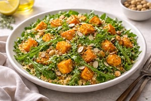Ensalada tibia de quinoa, calabaza asada, rúcula y almendras