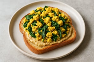 Pan sin gluten, tofu revuelto con espinaca y hummus
