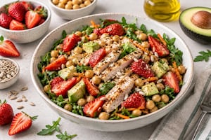 Ensalada de pollo, garbanzos y frutillas
