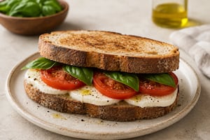 Sándwich de queso, tomate y albahaca