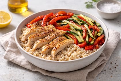 Bol de arroz integral, pollo y vegetales salteados