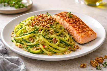 Fideos de zucchini con salmón y nuez