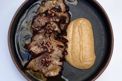 Hongo Melena de León adobado y rostizado, chimichurri, puré de manzanas
