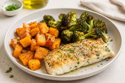 Merluza con calabaza y brócoli asado