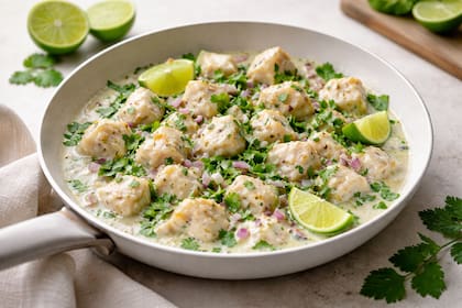 Salteado de merluza, coco y lima