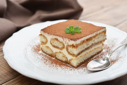 Tiramisu cake with mint on plate closeup